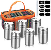 EZYoutdoor 6Pcs stainless steel spice shakers in a travel kit for outdoor cooking.