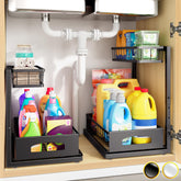 Fabutier under sink organizer upper shelf shows flexible storage for tall bottles