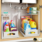 Fabutier under-sink organizer two-pack with top basket helps keep cabinets tidy.