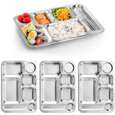 Fasmov 4-pack stainless steel divided dinner trays showing six sections for organized meals