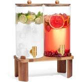 FavorFlavor glass beverage dispenser with wood stand for stylish entertaining