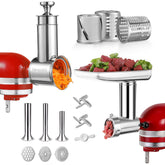 FavorKit meat grinder attachment, front view, showing robust stainless steel build for durability