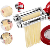 FavorKit Pasta Noodle Maker attached to KitchenAid front hub for easy homemade pasta.