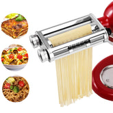 FavorKit pasta maker attachment mounted on KitchenAid showing dough sheet roller