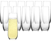 FAWLES stemless champagne flutes set of 12 on table for elegant toasts.