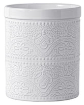 FE FUN ELEMENTS bright white lace embossed ceramic utensil holder on counter for organization.
