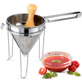 Feekoon chinois strainer conical mesh in stand for smooth sauce separation.