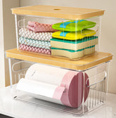 FELIZHOUSE bamboo lid under-sink trash bag dispenser keeps bags neatly organized.