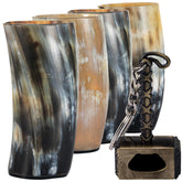 FENRIR Viking horn mug set front view shows authentic horn craftsmanship for beer or mead