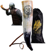 FENRIR Viking War Horn 18-inch with leather strap for display and gifting.