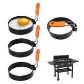 Fevbcnrj 4-pack egg rings on a Blackstone griddle create perfectly round eggs.