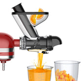 Fgreeble KitchenAid juicer attachment front view showing compact design for easy storage