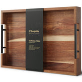 Fibogollo acacia wood serving tray with metal handles for easy transport on any tabletop during entertaining.