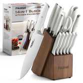 FikShot 14-piece knife set in wooden block for organized storage.