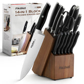 FikShot knife block set with wooden stand for organized, dry storage.