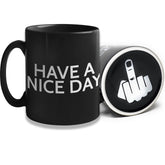 Find Funny Gift Ideas Have A Nice Day mug with middle finger bottom, adds bold humor to desks.