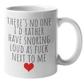 Find Funny Gift Ideas snoring mug front view with bold message for couples.