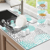 Findosom dish drying mat in teal floral design, absorbs spills on counter