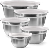 FineDine stainless steel mixing bowls with lids for compact storage and freshness