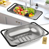 FirstE over-the-sink colander with expandable handle fits any sink size.