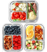 FIT Strong & Healthy glass meal prep container, front view with three compartments for portioning