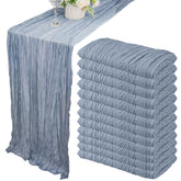 Fivenl dusty blue cheesecloth table runner adds elegant coverage for 35x120 inch tables.