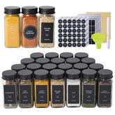 Fiwence 24 glass spice jars showing contents clearly in square design.