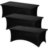 Fixwal 8ft black rectangle tablecloth with stretch fit for a seamless, professional display.