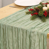 Fixwal sage green cheesecloth table runner pleated texture for elegant dining