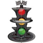 Fjoron 3-tier race car cupcake stand provides a focal centerpiece for a car-themed birthday celebration.