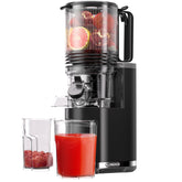 Floisdace juicer with six and a half inch feed chute for quick whole-fruit juicing.