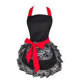Floosum black lace apron with pocket for stylish cooking and easy access.