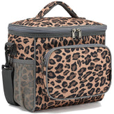 FlowFly Leopard lunch bag front pocket stores utensils and napkins for easy access.