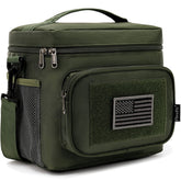 FlowFly tactical lunch bag in army green with MOLLE webbing for rugged outdoor use.