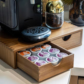 FLYIEE wooden K Cup Organizer top view with premium wood grain for an organized space.
