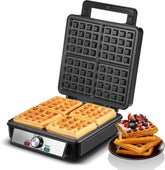 FOHERE Belgian waffle maker front view with four-slice capacity for quick family breakfasts.