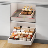 Fokyfok pull-out cabinet organizer front view with three rails for easy back-shelf access.
