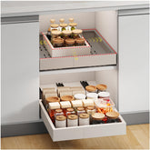 Fokyfok pull-out cabinet organizer demonstrates easy access to items in deep cabinets.