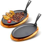 FoldTier two-set cast iron sizzling plates with wooden bases deliver even heat for fajitas.