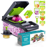 Fourteen Homes vegetable chopper container enables mess-free prep.