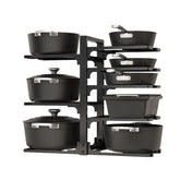 Fovkdcvw under-cabinet 8-tier organizer keeps pots neatly stacked and accessible.