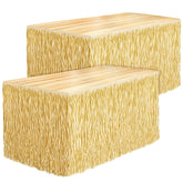 Fovths luau grass table skirt 108x30 shows hibiscus-inspired fringe for tropical table decor.