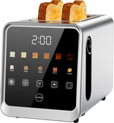 Foyoconven 2-slice toaster front view with wide slots for bagels