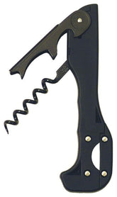 Franmara Boomerang two-step soft-touch corkscrew with black handle easing bottle opening for quick service.