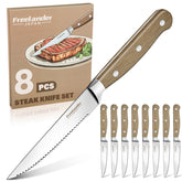 Freelander serrated steak knife with wood handle, front view, comfortable grip.