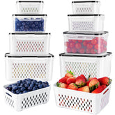 Freshmage 8-piece fruit storage set with removable colanders keeps produce organized and fresh.