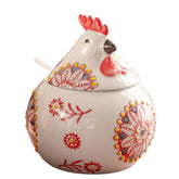 Frezonika rooster salt cellar with lid and spoon on counter for mess-free seasoning.