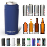 Frost Buddy universal can cooler shows five-size fit for versatile beverages.