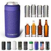 Frost Buddy universal can cooler front view shows five-size compatibility for cans and bottles
