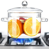 FrutPunch glass pot on stovetop shows 1.5L capacity for pasta and soup